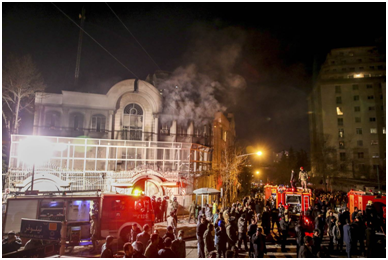 The Saudi Embassy in Tehran on fire in January 2016 after being attacked by an Iranian mob.