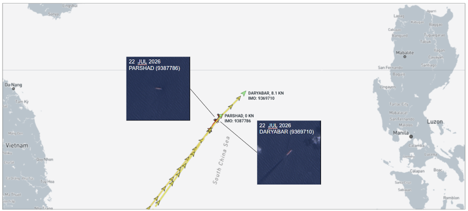 Iran-flagged vessels in the South China Sea on July 22 (Credit: Marine Traffic and ESA Copernicus)