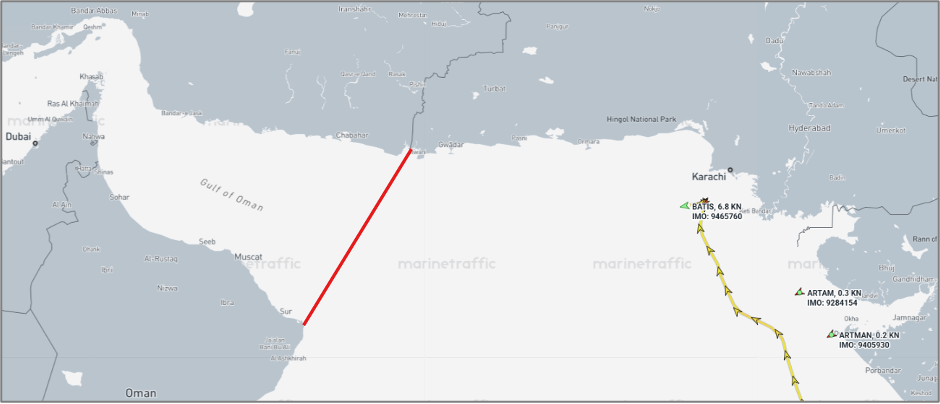 Iranian flagged cargo ship in Gulf of Oman on July 28 (Credit Marine Traffic)