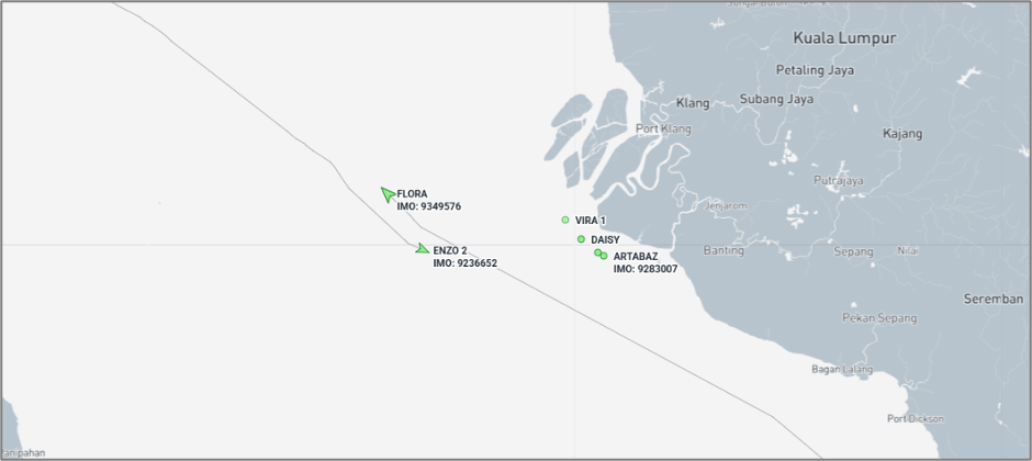 Iran-flagged cargo ships in the Malacca Strait and Port Klang on August 12 (Credit: Marine Traffic)