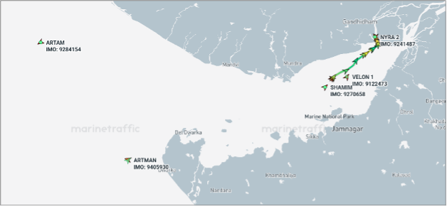 Iran-flagged cargo ships in the Gulf of Kutch on August 13 (Credit: Marine Traffic)