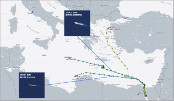 Iran-flagged cargo ships in the Mediterranean on October 23 (Credit: Marine Traffic & ESA Copernicus)
