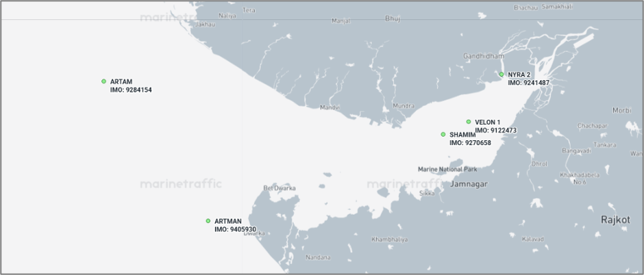 Iran-flagged cargo ships in the Gulf of Kutch on August 14 (Credit: Marine Traffic)