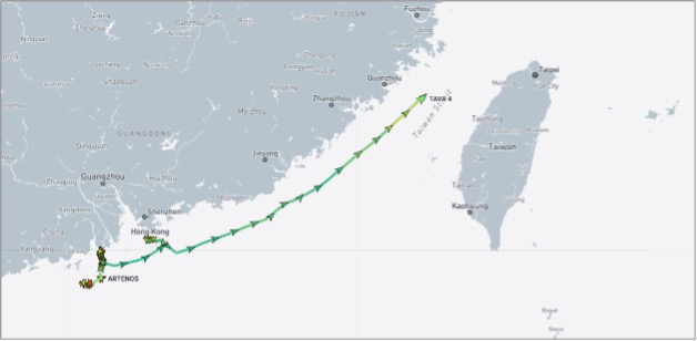 Iran-flagged cargo ships near Zhuhai and Taiwan on October 28 (Credit: Marine Traffic)