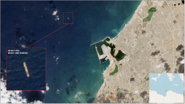 Iran-flagged cargo ship near Libya on October 29 (Credit: ESA Copernicus)