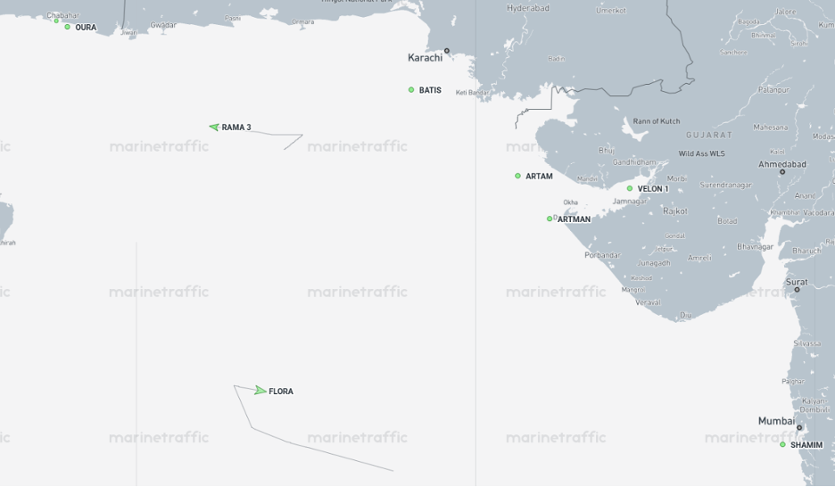 Iran-flagged cargo ships in the Gulf of Oman, in the Gulf of Kutch, and near Mumbai on August 21  (Credit: Marine Traffic)