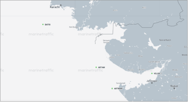 Iran-flagged cargo ships near Karahi and the Gulf of Kutch on August 24 (Credit: Marine Traffic)