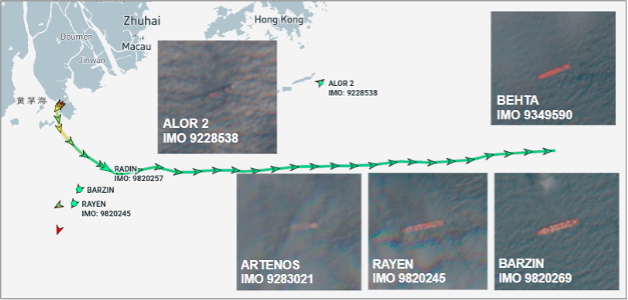 Iran-flagged cargo ships near Zhuhai and Hong Kong on August 28  (Credit: Marine Traffic & ESA Copernicus)