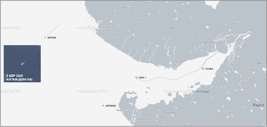 Iran-linked cargo ships in the Gulf of Kutch on September 8 (Credit: Marine Traffic & ESA Copernicus)