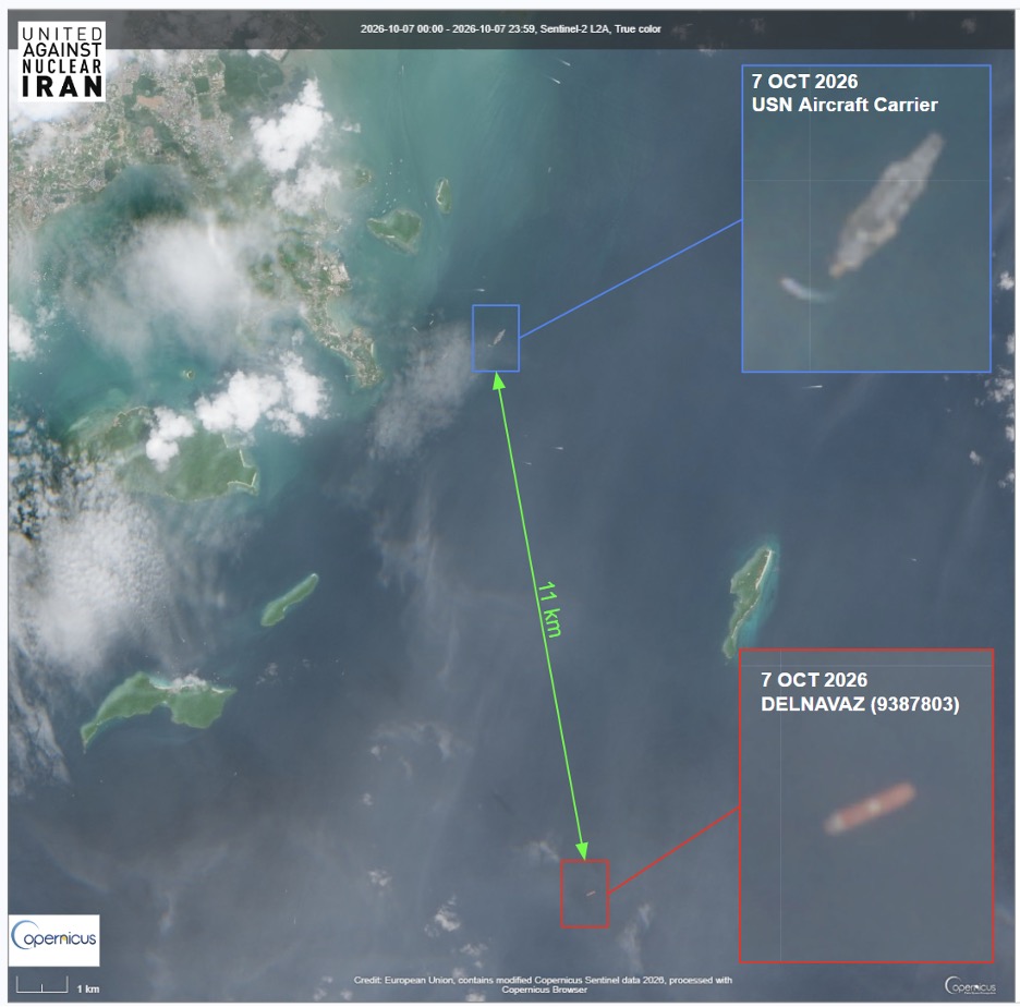 Iran-flagged cargo ship and U.S. Navy ship near Phuket on October 7 (Credit: ESA Copernicus)