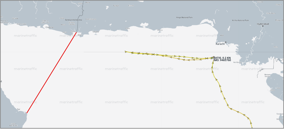 Iranian flagged cargo ship in the Karachi OPL on July 30 (Credit Marine Traffic)