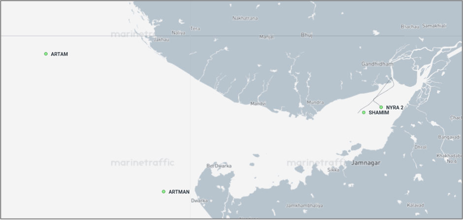 Iran-linked cargo ships near the Gulf of Kutch, India, on September 25 (Credit: Marine Traffic)