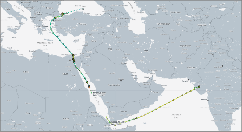Iranian flagged cargo ships in the Red Sea on July 31 (Credit Marine Traffic)