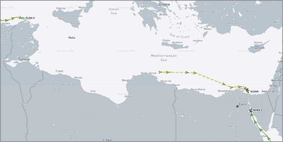 Iran-flagged cargo ships in the Mediterranean and Red Sea on October 16 (Credit: Marine Traffic)