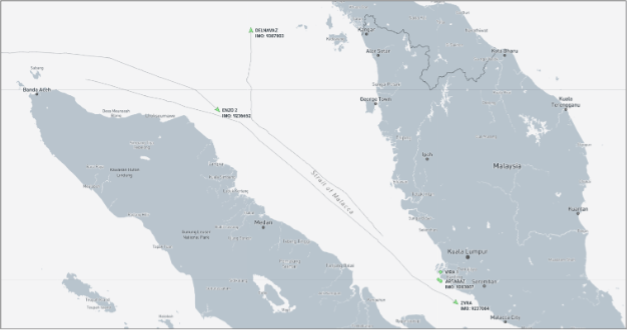 Iran-flagged cargo ships in the Malacca Strait and Port Klang on August 11 (Credit: Marine Traffic)