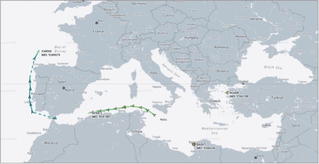 Iran-flagged cargo ships in the Mediterranean on October 28 (Credit: Marine Traffic)