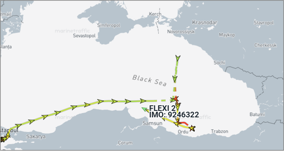 Iran-flagged cargo ship in the Black Sea on August 28 (Credit: Marine Traffic)