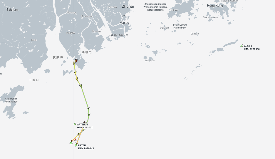 Iran-flagged cargo ships near Zhuhai and Hong Kong on August 31 (Credit: Marine Traffic)