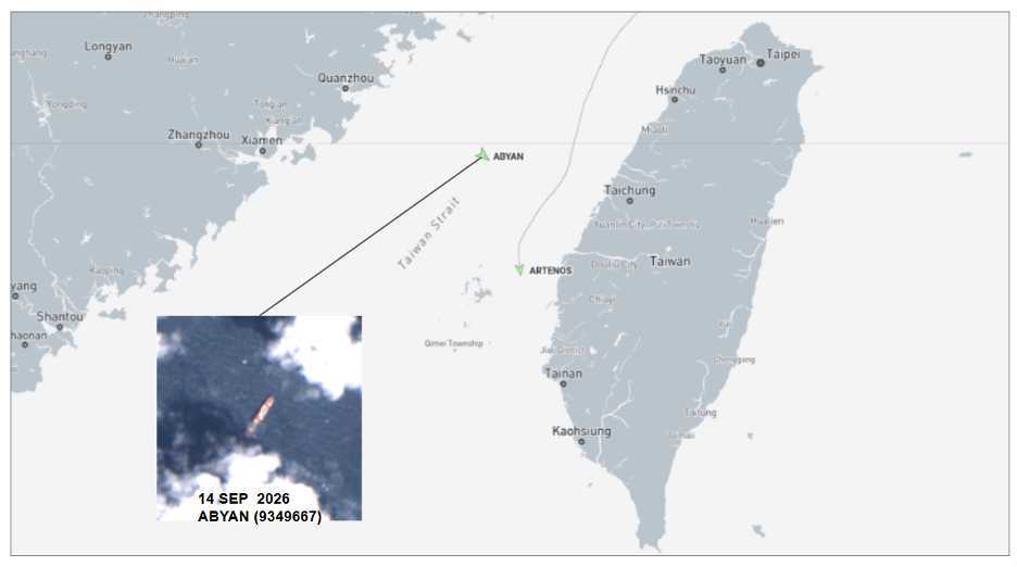 Iran-flagged cargo ships in the Taiwan Strait on September 14 (Credit: Marine Traffic)