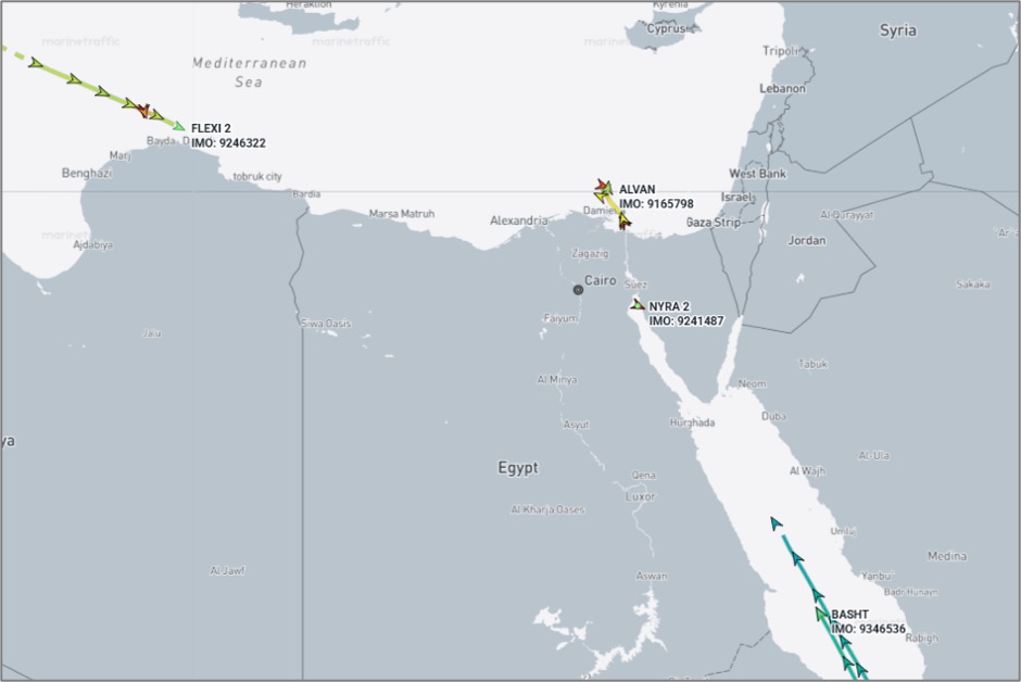 Iran-flagged cargo ships in the Mediterranean and Red Sea on October 19 (Credit: Marine Traffic)