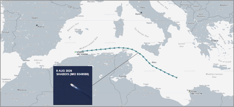 Iran-flagged cargo ship in the Mediterranean Sea on August 10 (Credit: Marine Traffic)