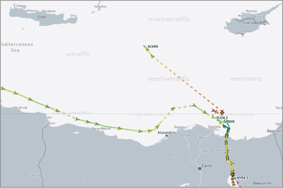 Iran-flagged cargo ships in the Mediterranean and Red Sea on October 21 (Credit: Marine Traffic)