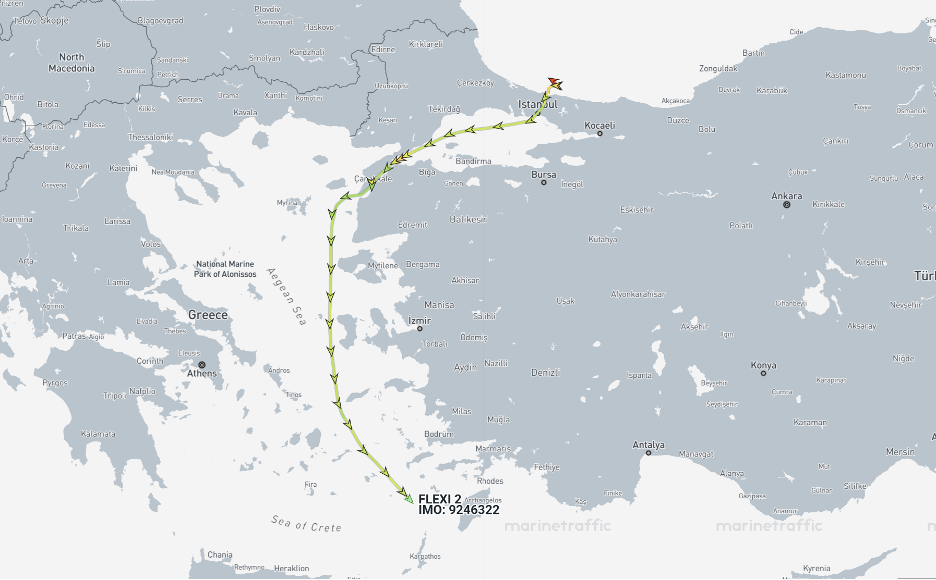 Iran-flagged cargo ship in the Turkish Straits and Aegean on August 31 (Credit: Marine Traffic)