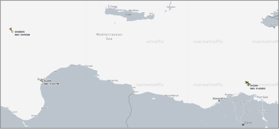 Iran-flagged vessels near Libya on August 3 (Credit: Marine Traffic)