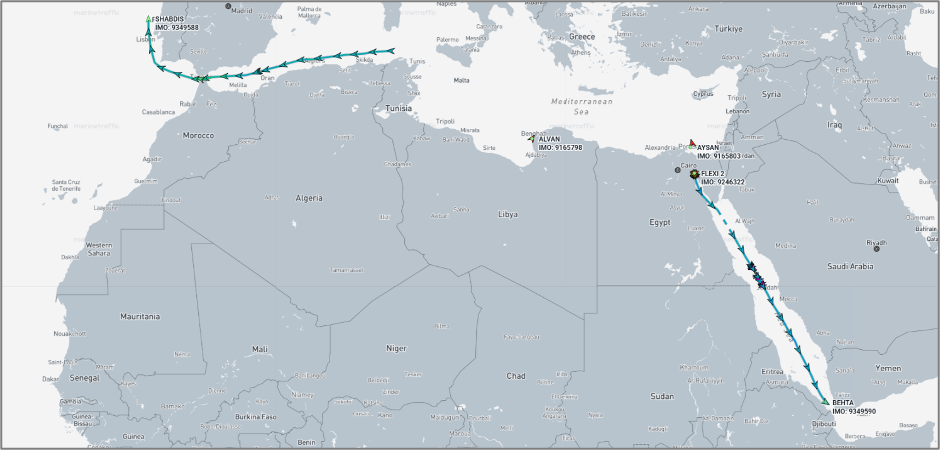 Iran-flagged cargo ships in the Mediterranean and Red Sea on August 12 (Credit: Marine Traffic)