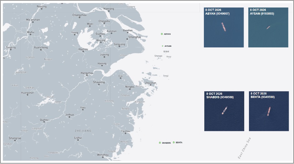 Iran-flagged cargo ships near Shanghai on October 8 (Credit: Marine Traffic & ESA Copernicus)