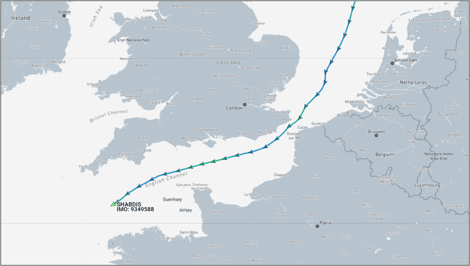 Iran-flagged cargo ship in the Dover Straits on August 27 (Credit: Marine Traffic)