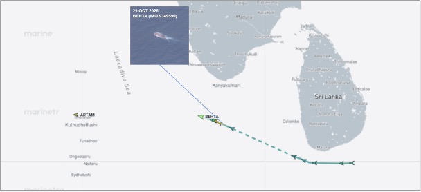 Iran-flagged cargo ship in Laccadive Sea on October 29 (Credit: Marine Traffic & ESA Copernicus)