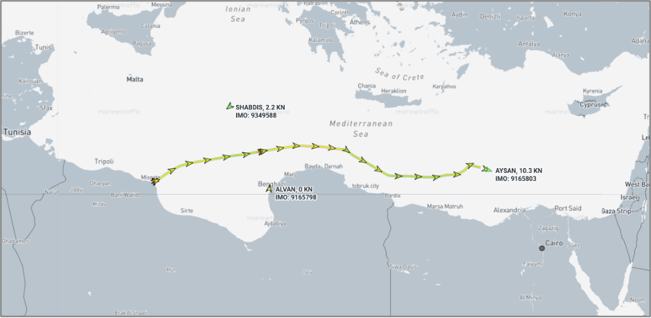 Iran-flagged vessels near Libya on July 31 (Credit: Marine Traffic and ESA Copernicus)