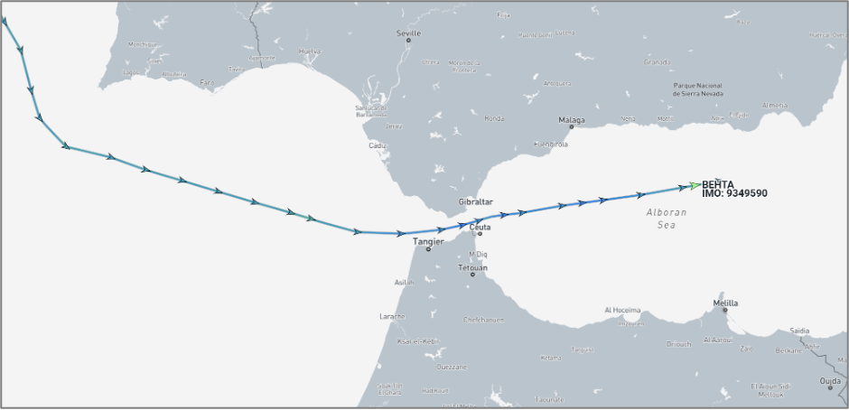 Iran-flagged vessel in the Gibraltar Strait on August 3 (Credit: Marine Traffic)