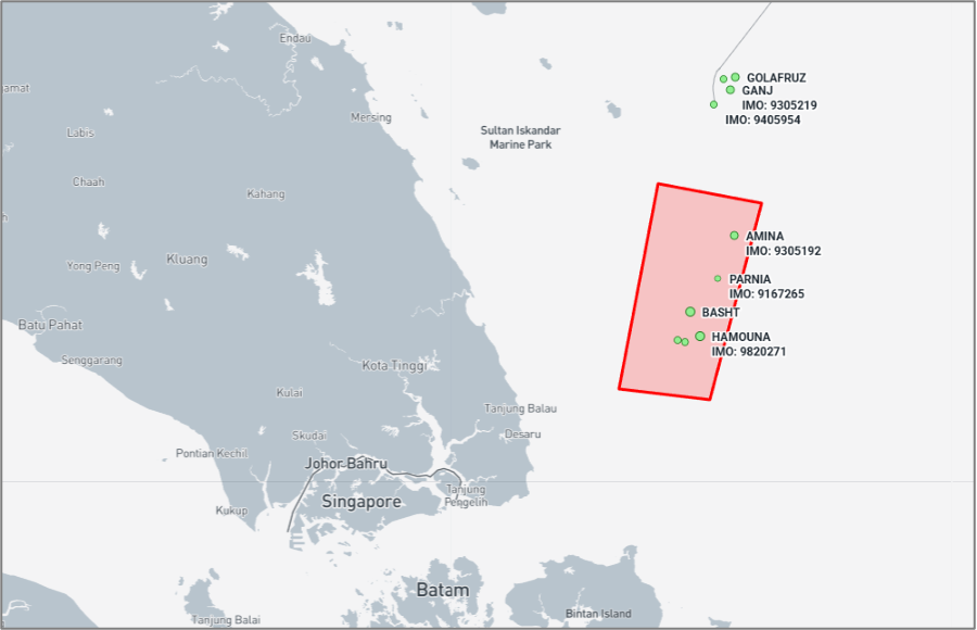 Iran-flagged cargo ships near the Malaysian EOPL on August 13 (Credit: Marine Traffic)
