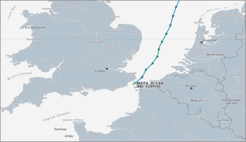 Iran-flagged vessel in the Dover Strait on July 31 (Credit: Marine Traffic)