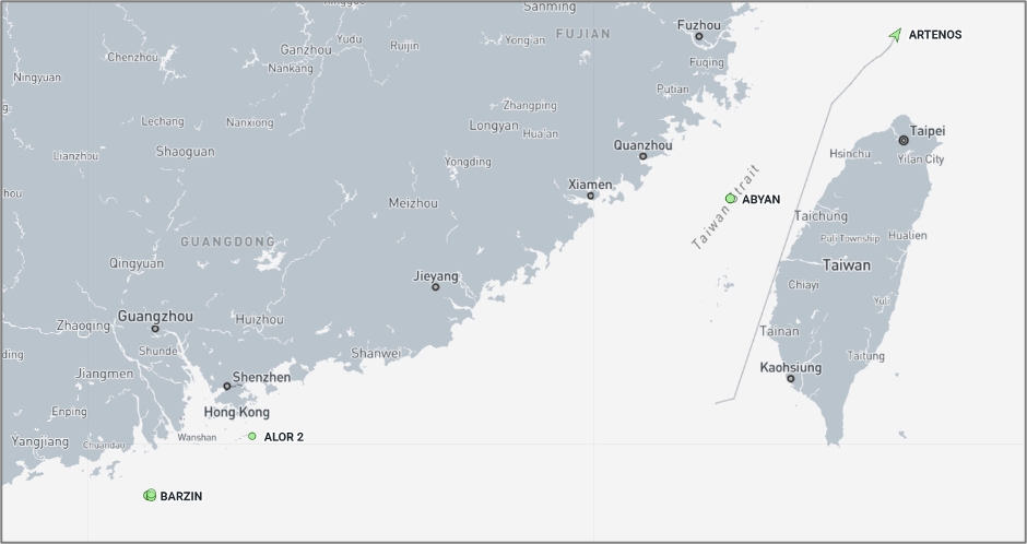 Iran-flagged cargo ships near China & Taiwan on September 8 (Credit: Marine Traffic)