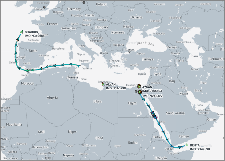 Iran-flagged cargo ships in the Atlantic, Mediterranean and Red Sea on August 13 (Credit: Marine Traffic)