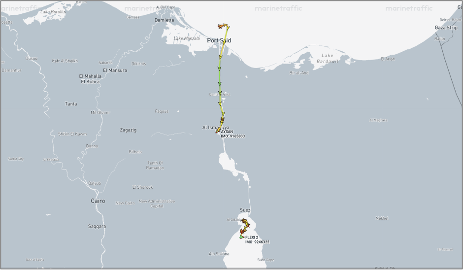 Iran-flagged cargo ships in the Suez Canal on August 14 (Credit: Marine Traffic)