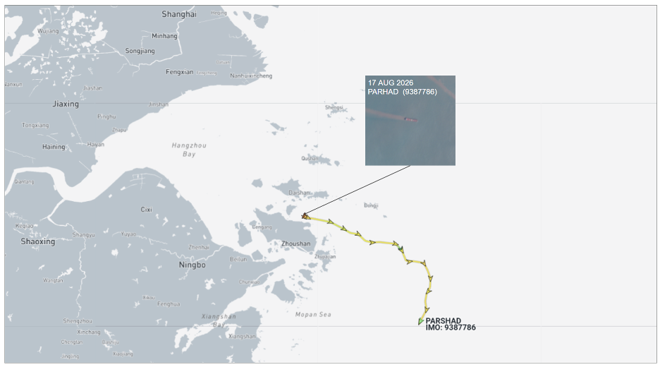 Iran-flagged cargo ship near Zhoushan on August 18 (Credit: Marine Traffic and ESA Copernicus)