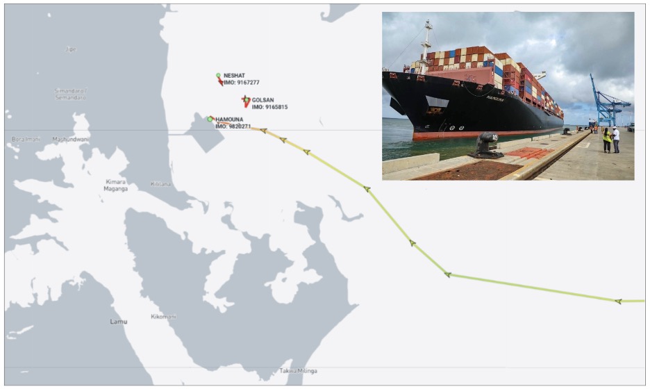 Iran-flagged ships in Lamu, Kenya on October 5 (Credit: Marine Traffic & M. Baya)