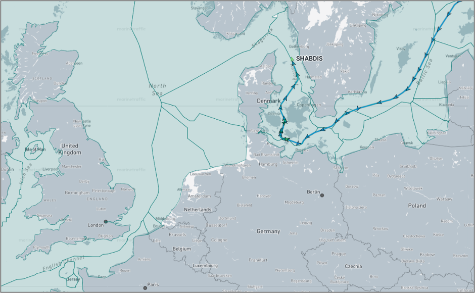 Iran-flagged cargo ship sailing in the Danish Straits on August 25 (Credit: Marine Traffic)