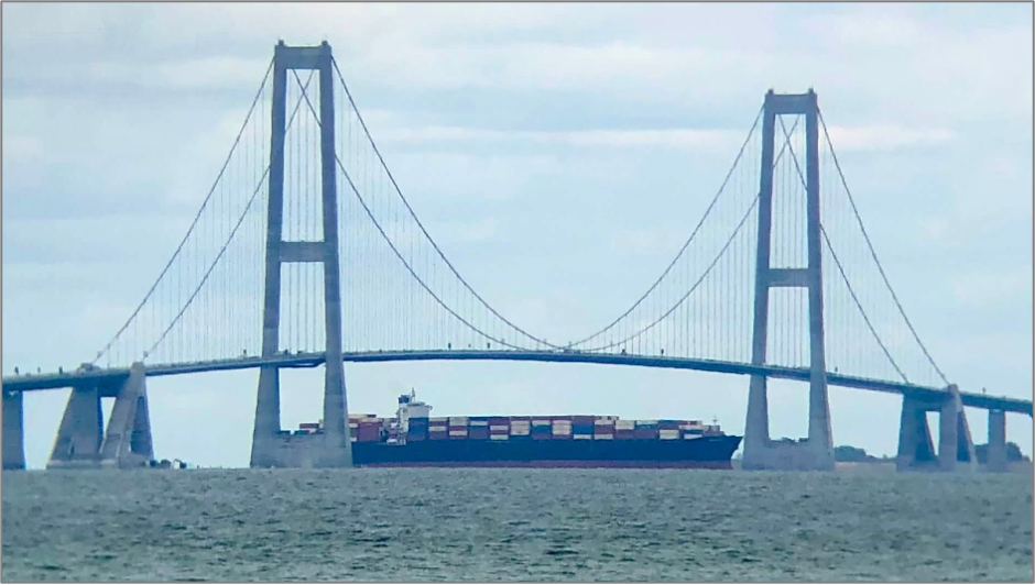 Iran-flagged cargo ship SHABDIS at Great Belt Bridge in Denmark on August 16 (Credit: Brian Lauritsen)
