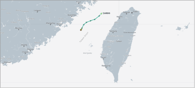Iran-flagged cargo ship in Taiwan Strait on August 24 (Credit: Marine Traffic)