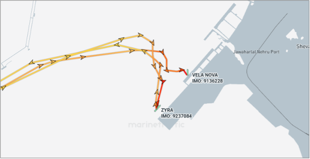 VELA NOVA and ZYRA moored at Nhava Sheva Port on August 5 (Credit: Marine Traffic)