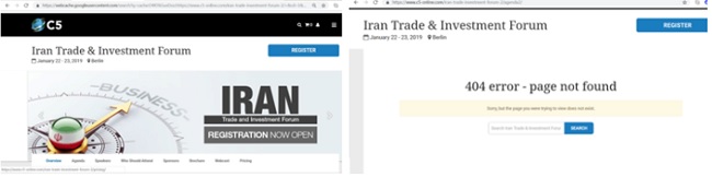 C5’s webpage on the Iran Trade & Investment Forum, prior (left) and after (right) its cancellation.