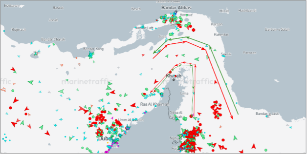 Strait of Hormuz transits on July 22 at 12:00 UTC (Credit: Marine Traffic)