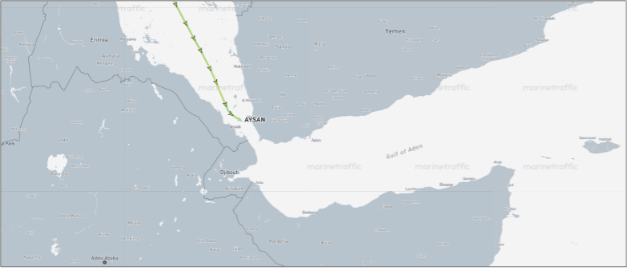 Iran-flagged cargo ship in the Bab al-Mandab on August 24 (Credit: Marine Traffic)