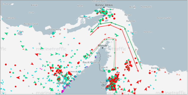 Strait of Hormuz transits on July 28 at 12:00 UTC (Credit: Marine Traffic)