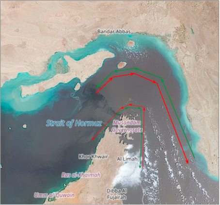 Strait of Hormuz corridors on August 10 (Credit: ESA Copernicus)